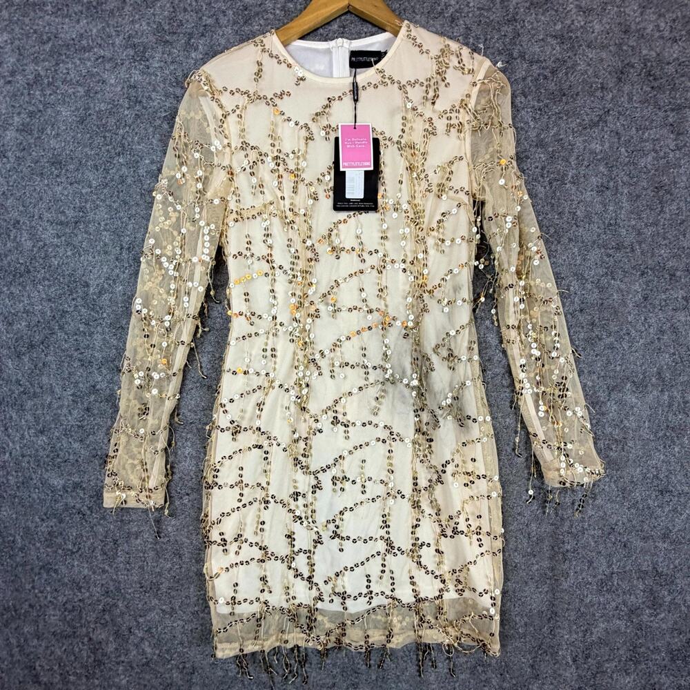 Pretty Little Thing Bling Dress Women 8 Beige‎ Sheer Overlay Sequin NYE Holiday